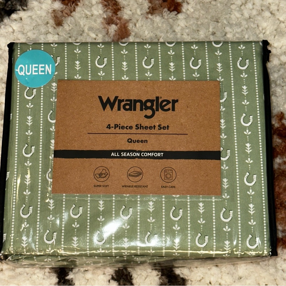 Wrangler Olive Horseshoe 4-Piece Sheet Set Sz Queen STABLES STRIPE GREEN